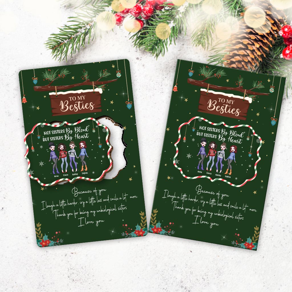 Sœur de cœur, mais pas sœur de sang - Carte de Noël personnalisée pour meilleures amies en bois à déplier
