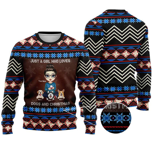 Une fille qui aime les chiens et Noël - Pull moche personnalisé