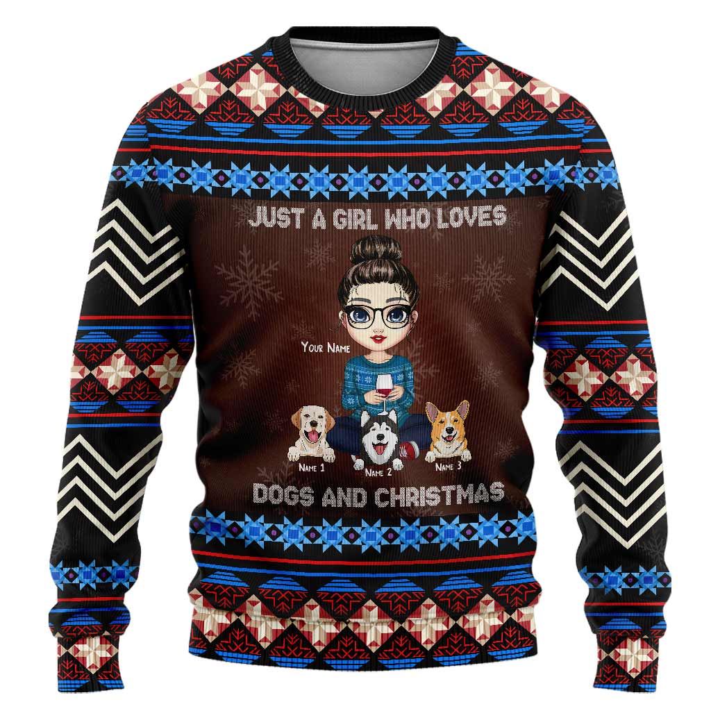 Une fille qui aime les chiens et Noël - Pull moche personnalisé