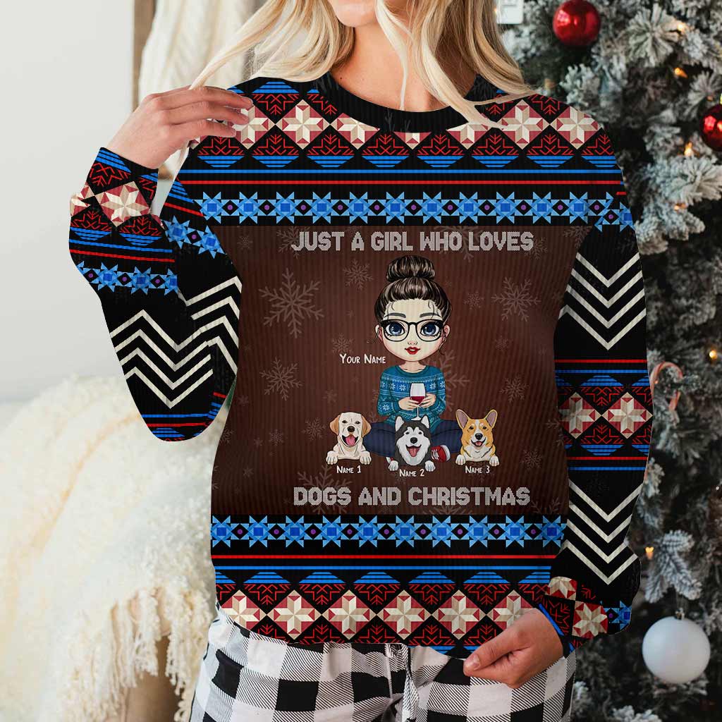 Une fille qui aime les chiens et Noël - Pull moche personnalisé