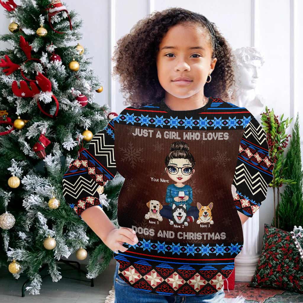 Une fille qui aime les chiens et Noël - Pull moche personnalisé