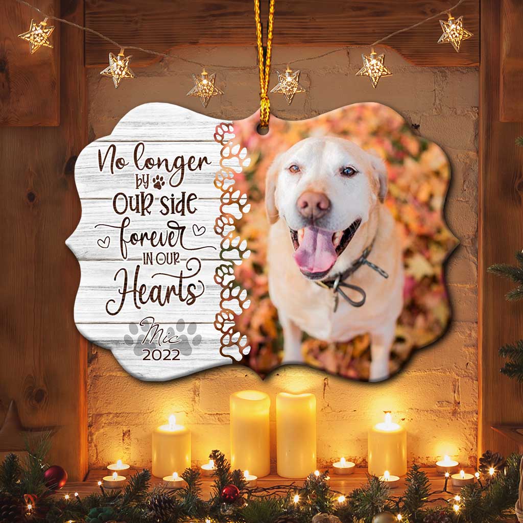 No Longer By Our Side But Forever In Our Hearts - Personalized Christmas Dog Ornament (Printed On Both Sides)