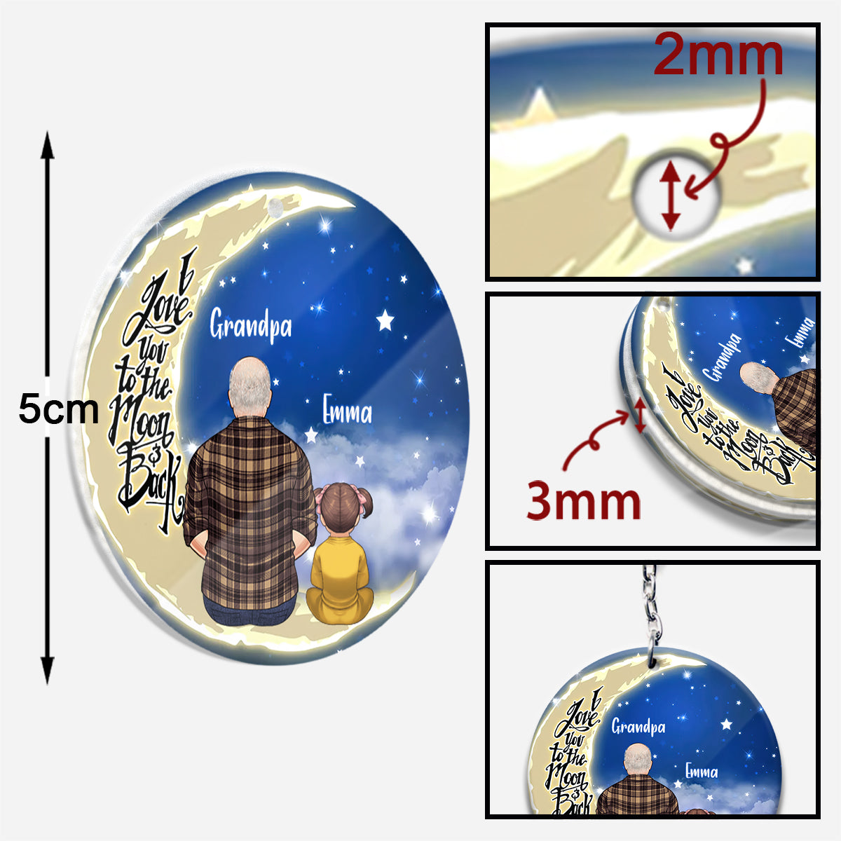 Je t'aime jusqu'à la lune et retour - Porte-clés personnalisé pour grand-père (Impression recto verso)