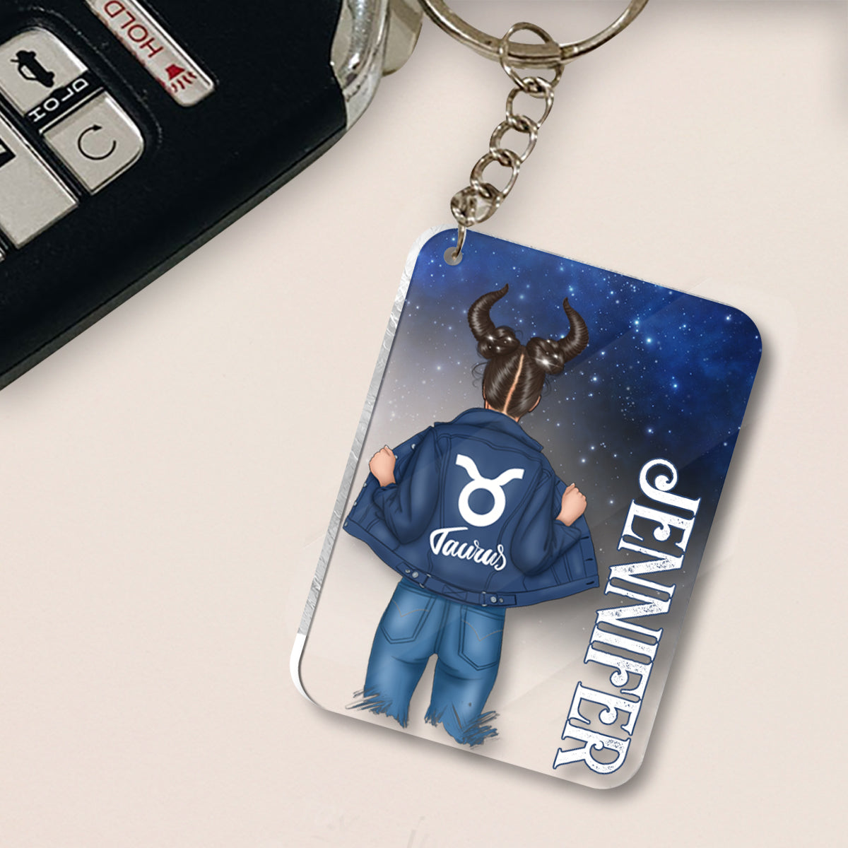 Zodiac Denim Girl - Porte-clés transparent personnalisé avec horoscope - Horoscope