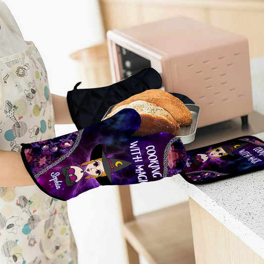 Cuisiner avec magie - Ensemble de gants de cuisine et maniques personnalisés sur le thème des sorcières
