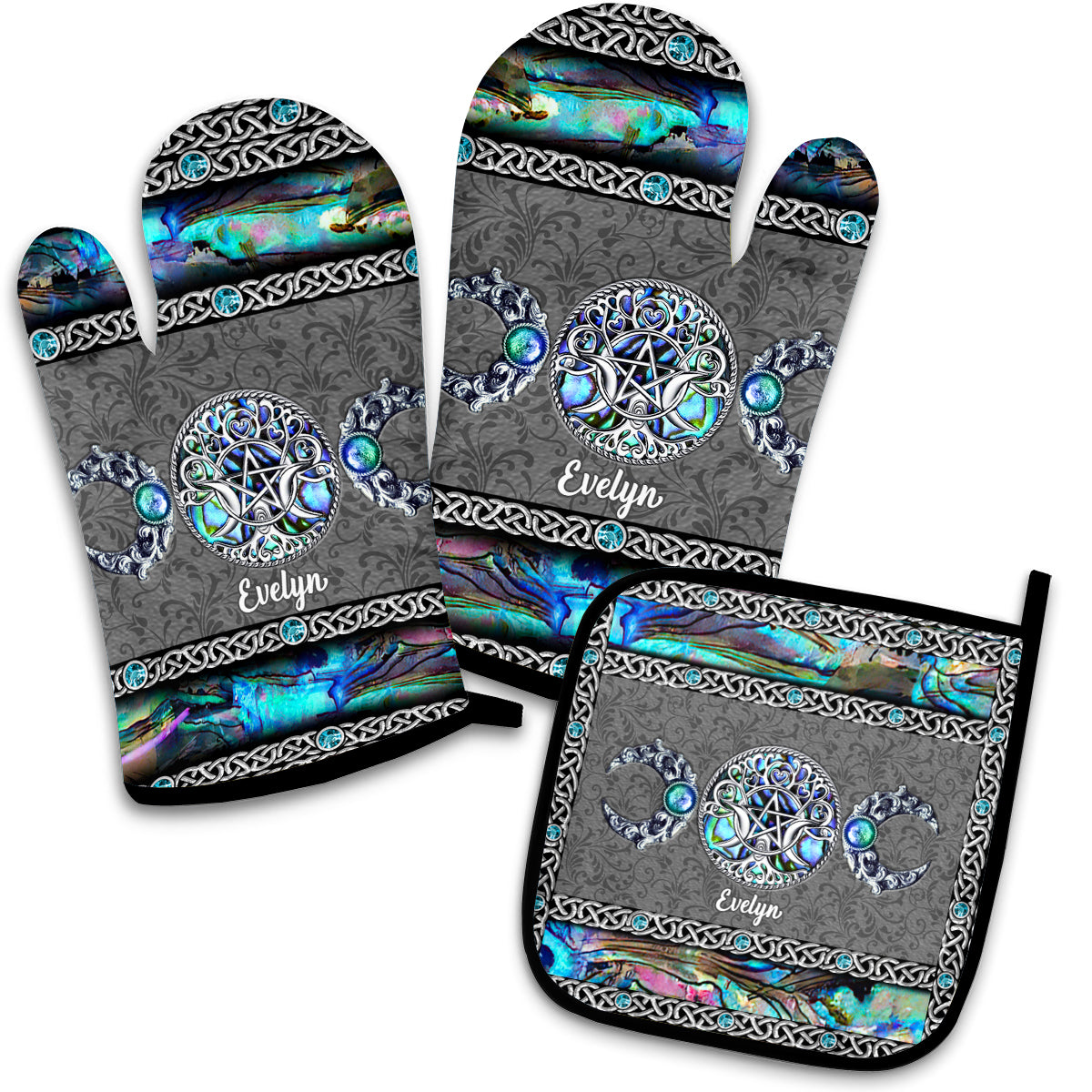 Recherchez la magie au quotidien - Ensemble de gants de cuisine et maniques personnalisés sur le thème des sorcières