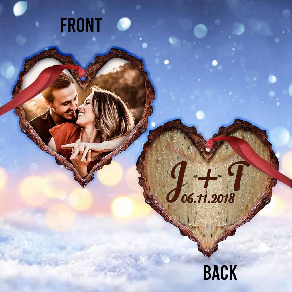 Cœur sculpté en bois - Ornement de Noël personnalisé pour couple (Impression recto verso)