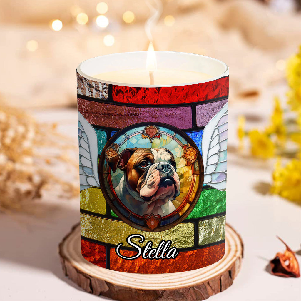 Bougie personnalisée en vitrail représentant un chien, avec couvercle en bois
