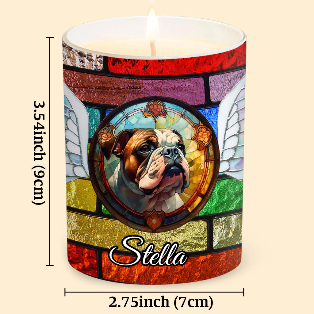 Bougie personnalisée en vitrail représentant un chien, avec couvercle en bois