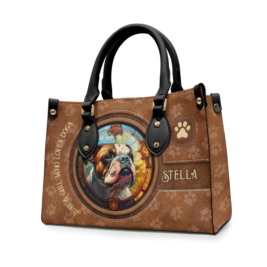 Sac à main en cuir personnalisé avec motif chien vitrail