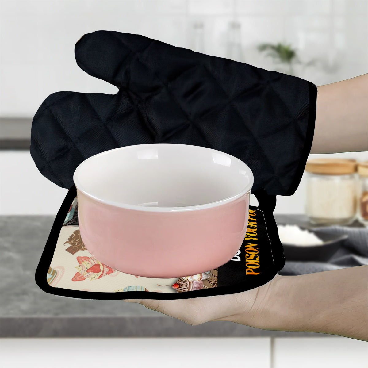Ne me forcez pas à empoisonner votre nourriture ! – Ensemble de gants de cuisine et maniques personnalisés