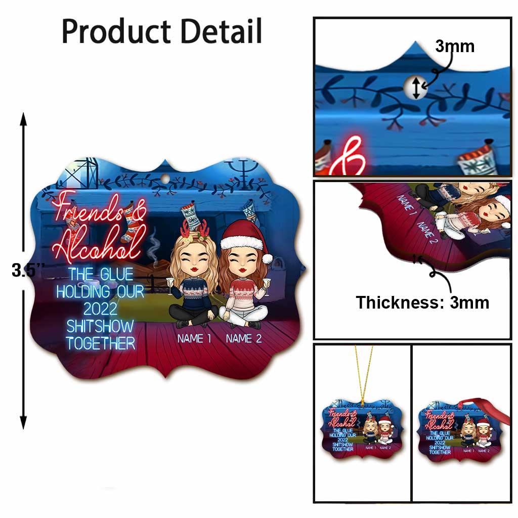 Amis et alcool : le ciment qui maintient le chaos ensemble - Ornement personnalisé pour meilleure amie (Imprimé des deux côtés)