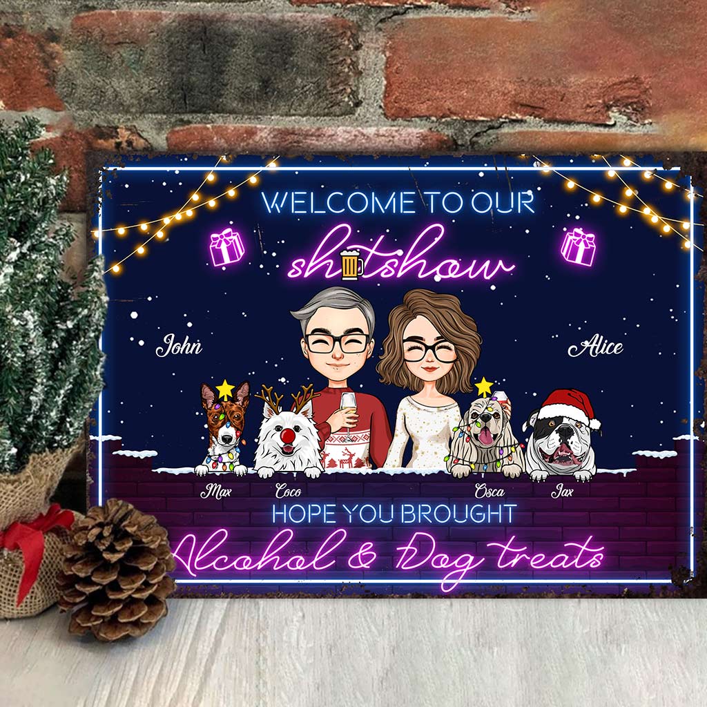 Bienvenue à notre bordel ! J'espère que vous avez apporté de l'alcool et des friandises pour chien ! - Panneau rectangulaire en métal personnalisé pour couple