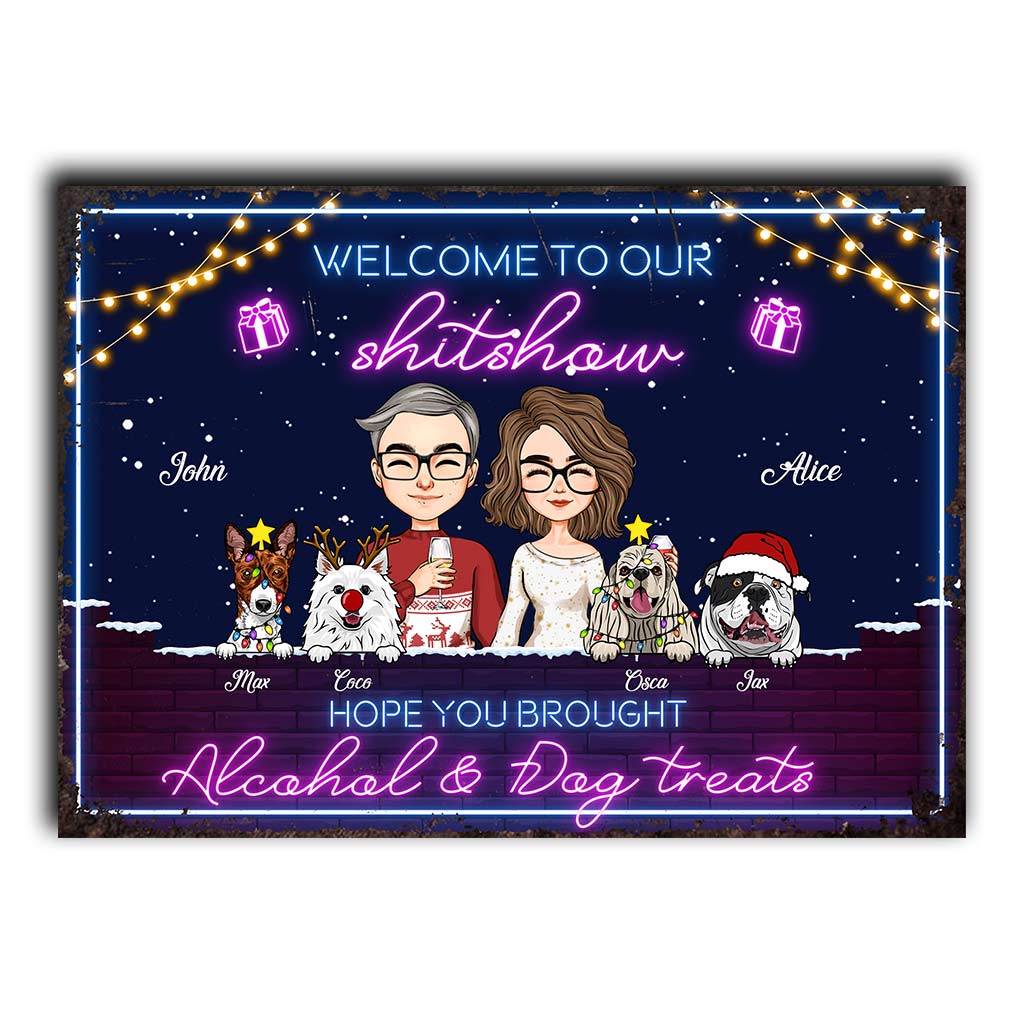 Bienvenue à notre bordel ! J'espère que vous avez apporté de l'alcool et des friandises pour chien ! - Panneau rectangulaire en métal personnalisé pour couple
