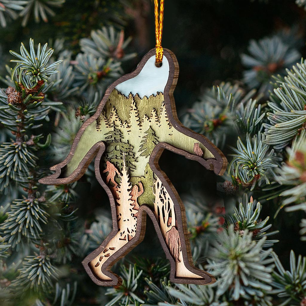Bigfoot m'a vu - Décoration de Noël en bois superposé sur le thème du camping et du Bigfoot
