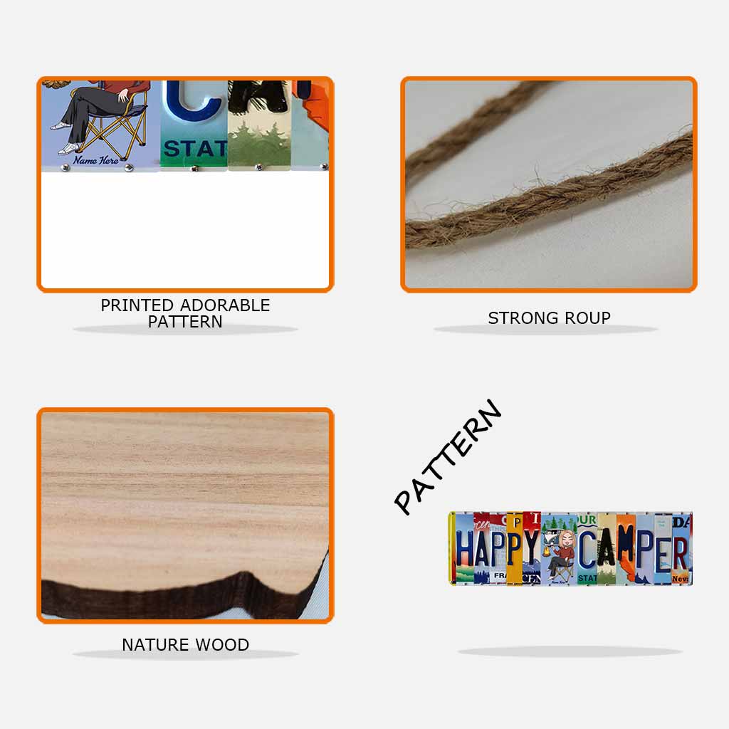 Plaque d'immatriculation Happy Camper - Panneau en bois personnalisé pour le camping avec motif métallique imprimé