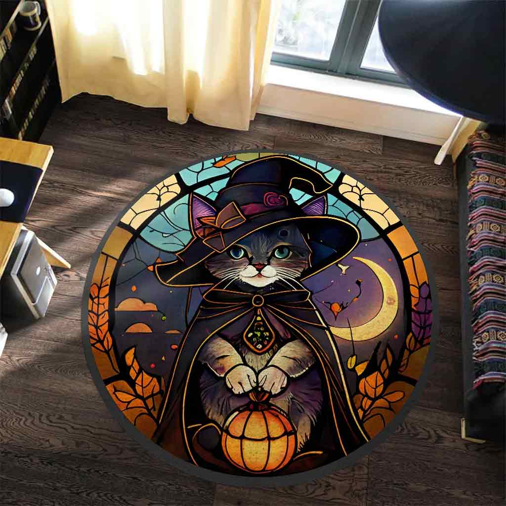 Hello Pumpkin Black Cat Round Rug