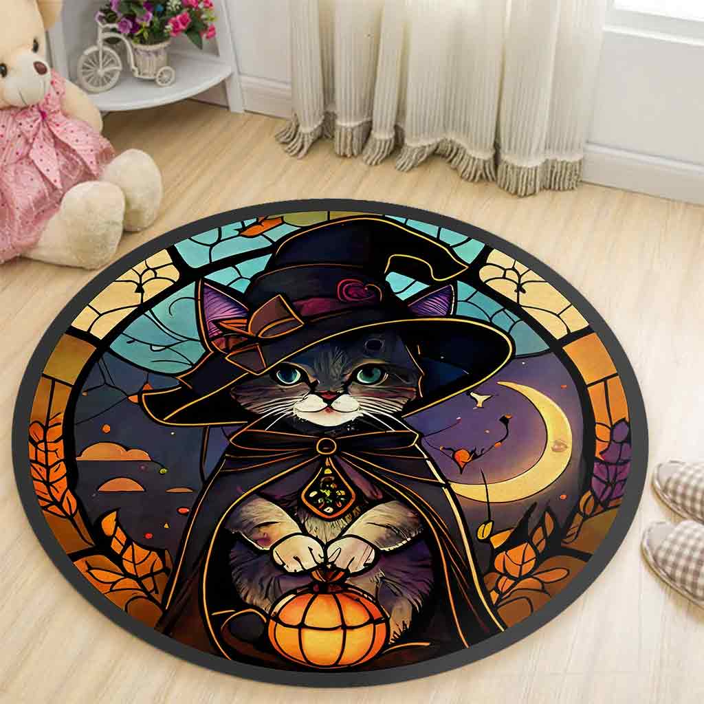 Hello Pumpkin Black Cat Round Rug
