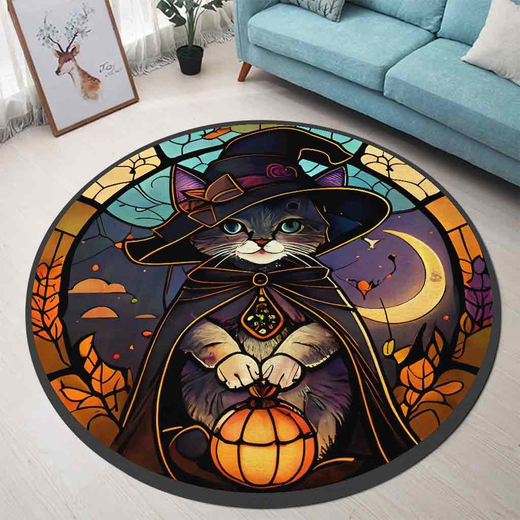 Hello Pumpkin Black Cat Round Rug