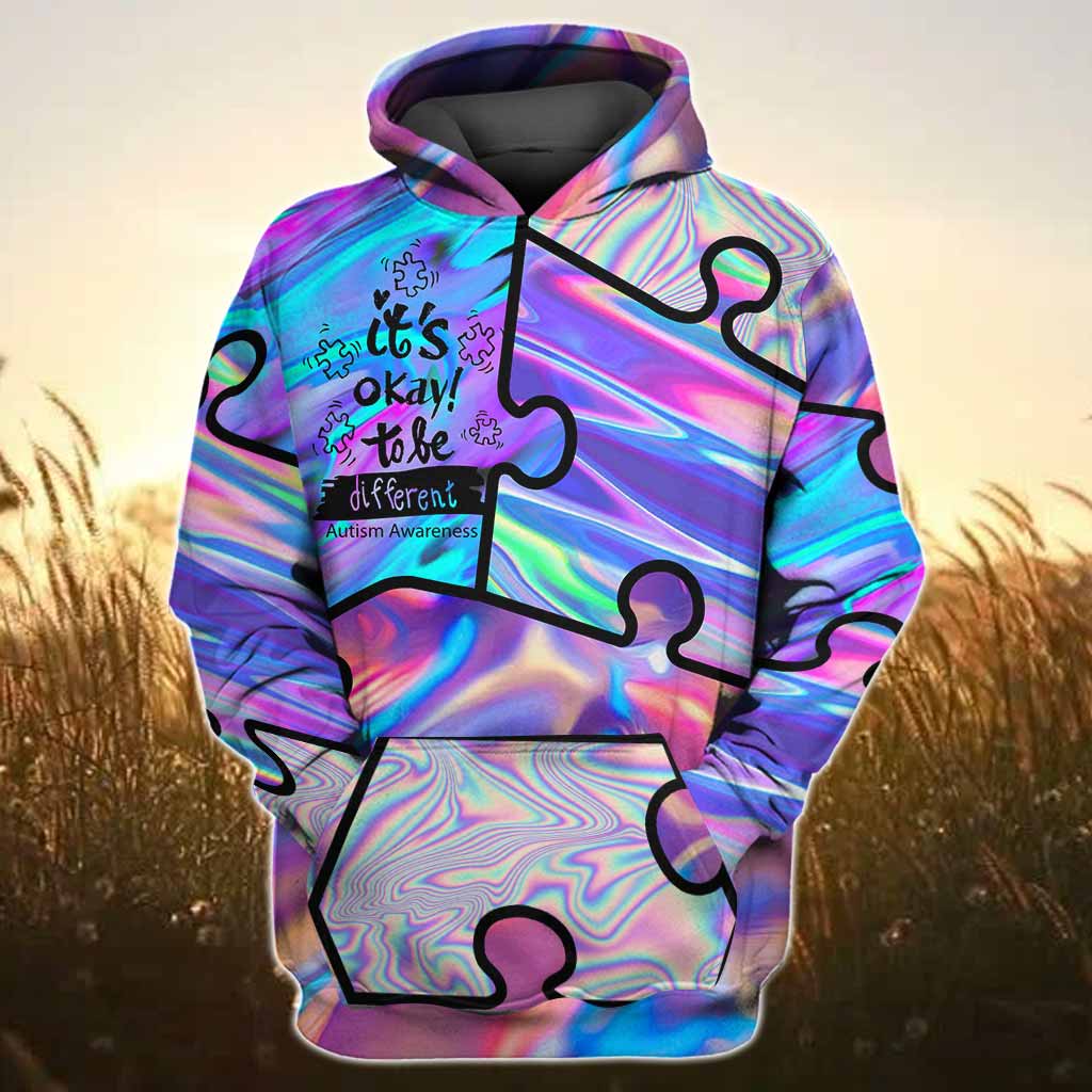 T-shirt et sweat à capuche « Okay To Be Different Puzzles Abstract » – Sensibilisation à l’autisme – Motif hologramme personnalisé