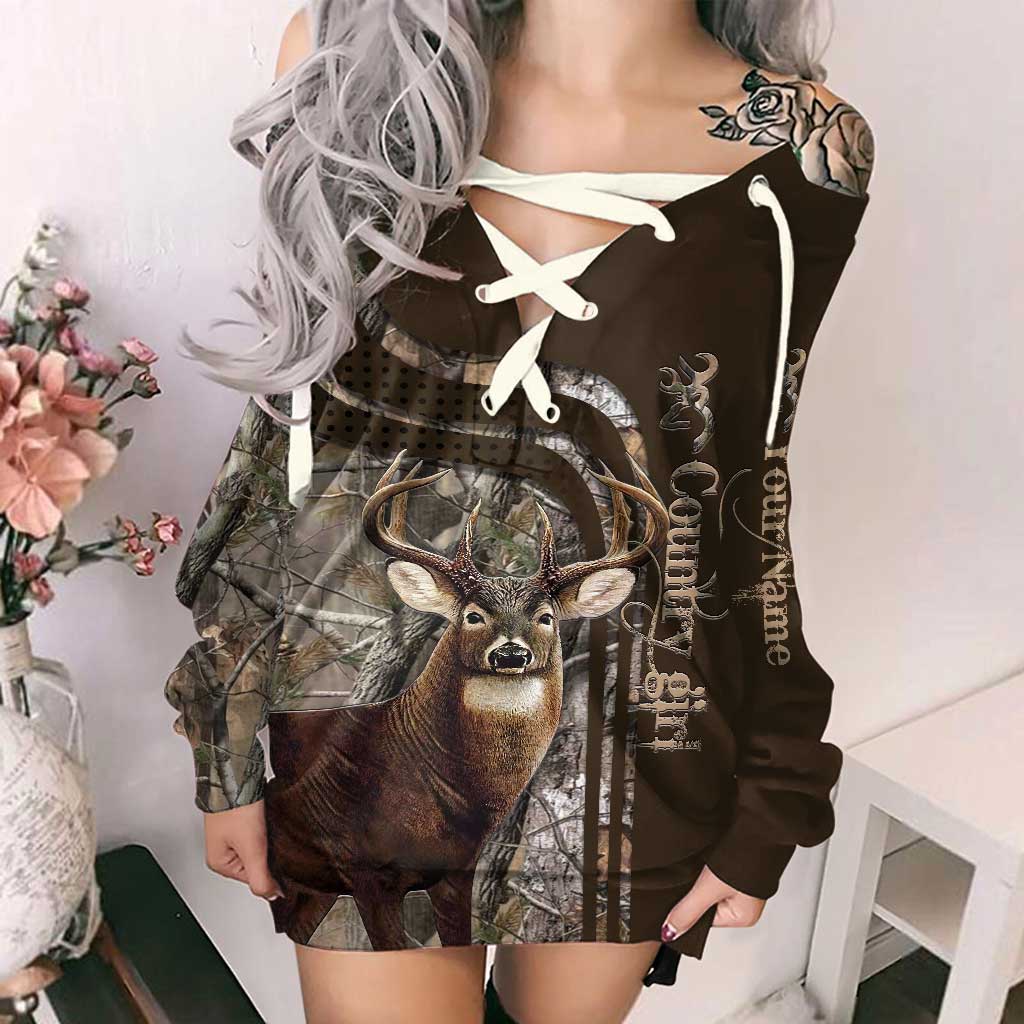 Robe de chasse personnalisée Country Girl Real Tree - Robe à manches longues et épaules dénudées - Épaules dénudées