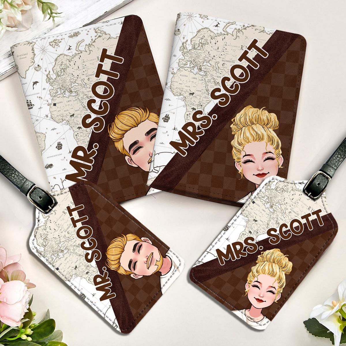 Mr And Mrs - Personalized Couple Leather Luggage Tag & Passport Holder