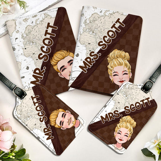 Mr And Mrs - Personalized Couple Leather Luggage Tag & Passport Holder