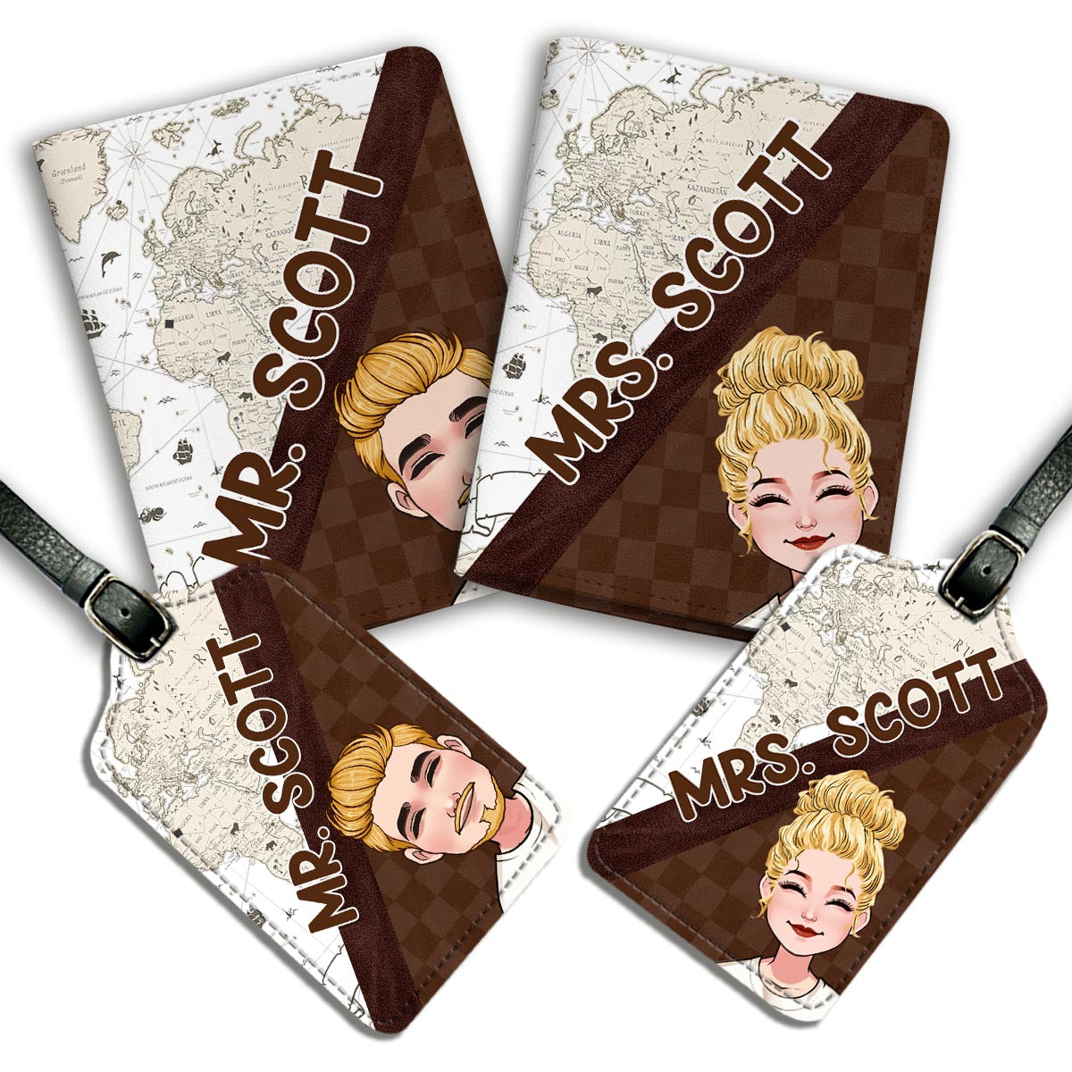 Mr And Mrs - Personalized Couple Leather Luggage Tag & Passport Holder