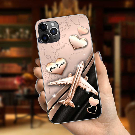 Étui de téléphone de voyage personnalisé « Or rose avion » avec impression 3D