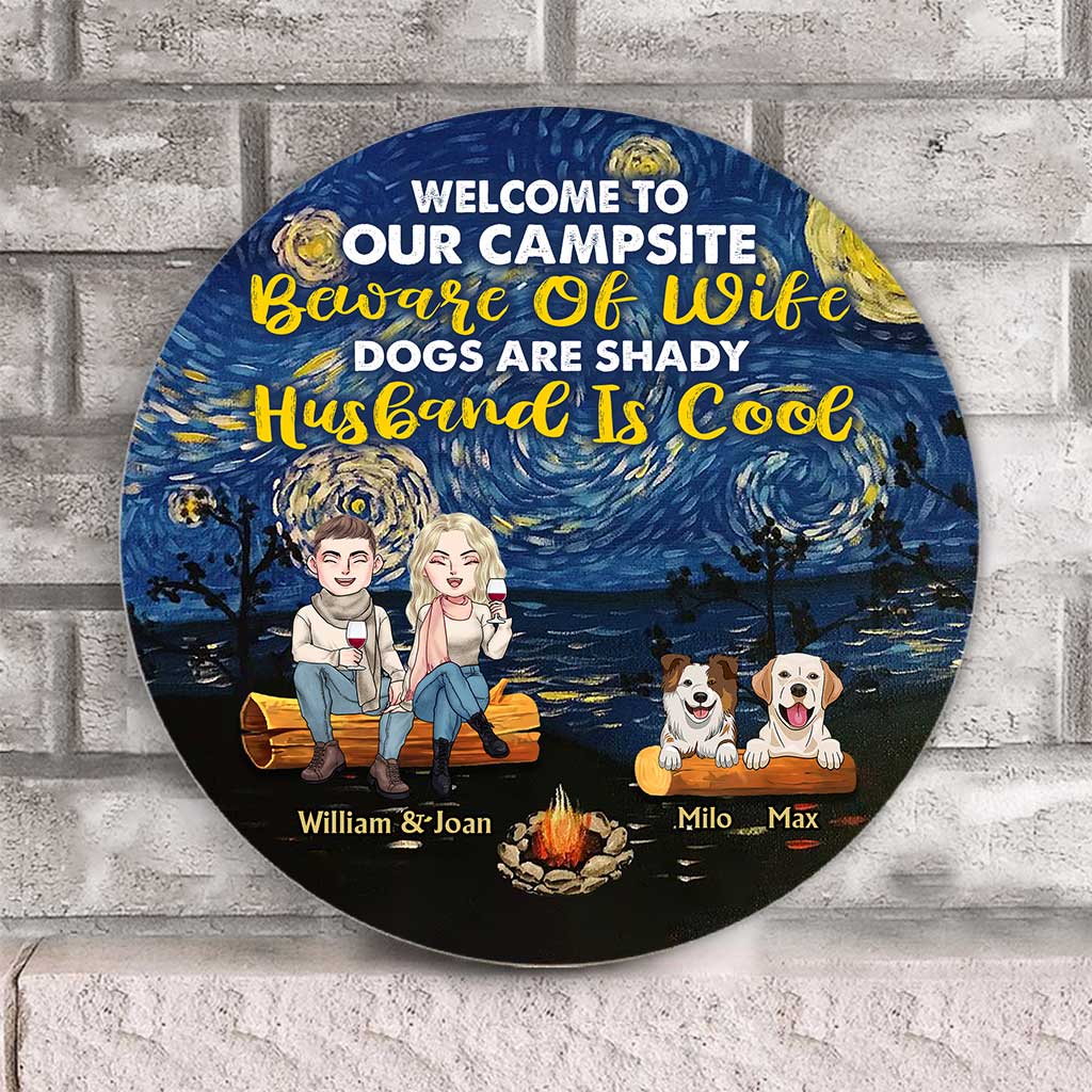 Welcome To Our Campsite - Personalized Couple Camping Round Wood Sign