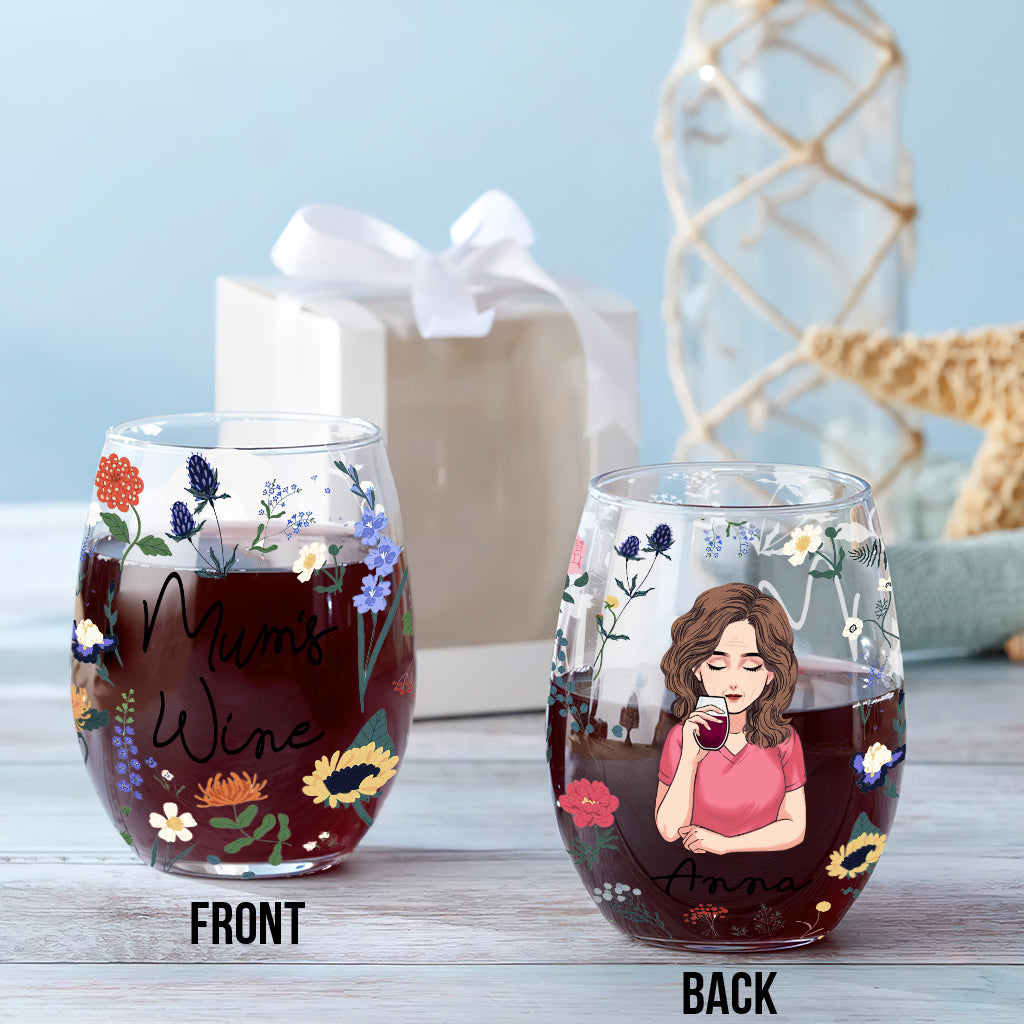 Verre à vin « Maman » à motif floral et botanique - Verre à vin personnalisé pour la fête des mères.