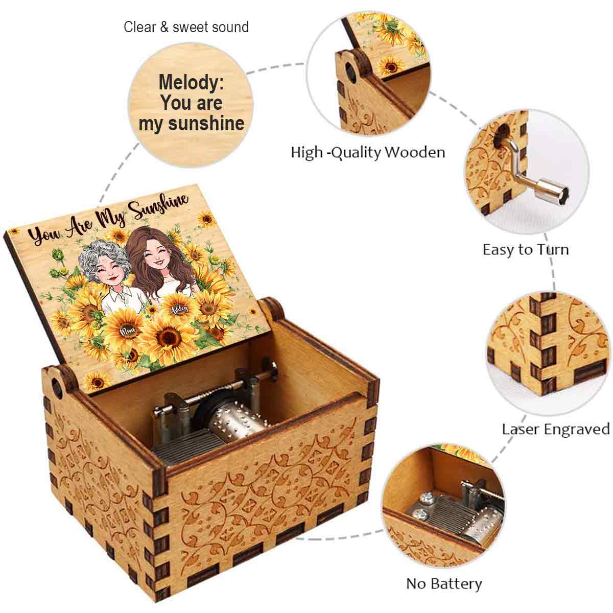 Tu es mon rayon de soleil - Boîte à musique à manivelle personnalisée pour la fête des mères
