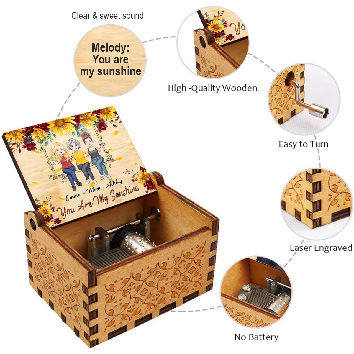 Tu es mon rayon de soleil - Boîte à musique à manivelle personnalisée pour la fête des mères