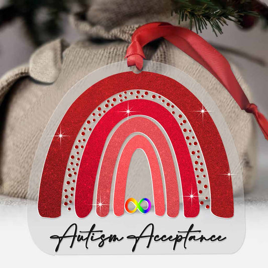 Acceptation de l'autisme - Ornement de Noël transparent arc-en-ciel rouge infini avec motif à paillettes - Imprimé