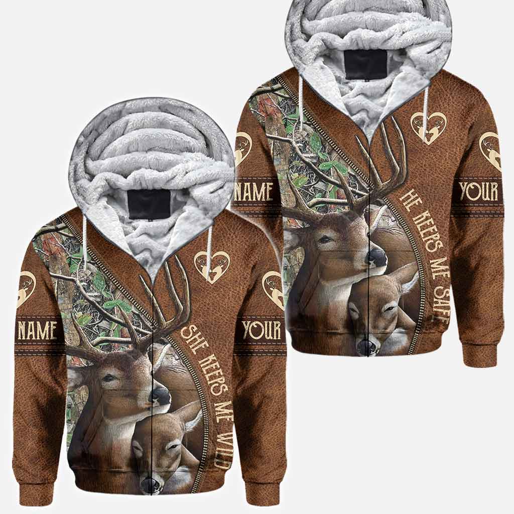 She Keeps Me Wild He Keeps Me Safe - Personalized Couple Hunting All Over T-shirt and Hoodie
