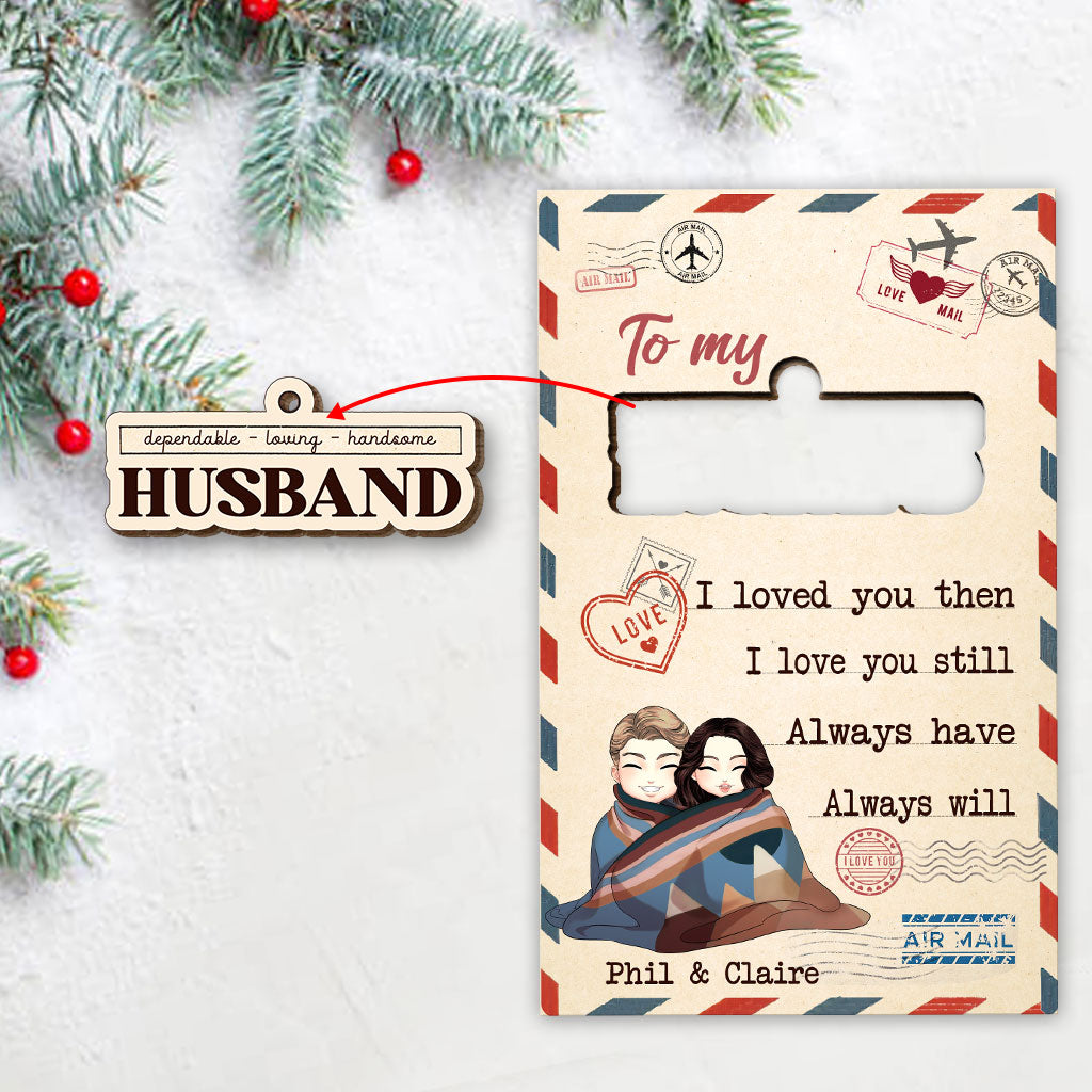 À mon mari - Carte de Noël personnalisée pour couple, en bois, avec ornement en relief