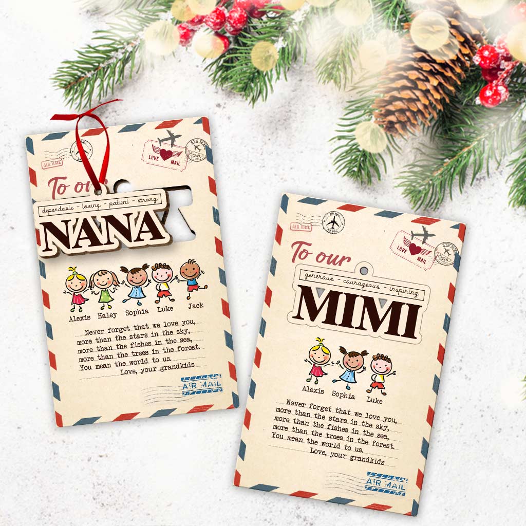 À notre grand-mère - Carte de Noël personnalisée en bois avec ornement à déplier