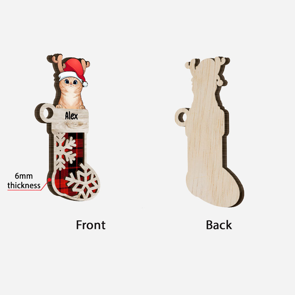 Chaussette Chat Adorable - Ornement de Noël Chat Personnalisé en Bois à Couches
