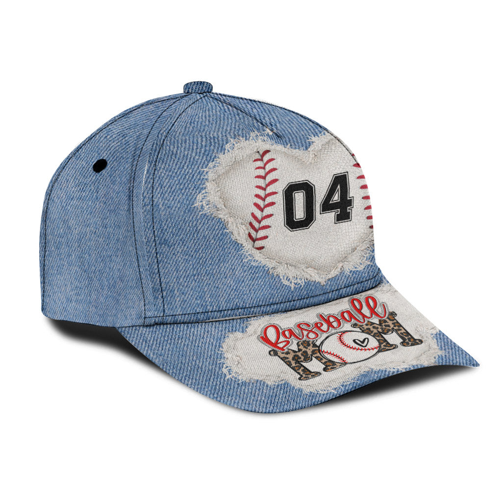 Casquette de baseball classique personnalisée avec numéro de maman de joueur de baseball et motif denim sur mesure - Casquette de baseball classique personnalisée