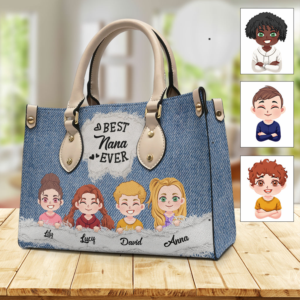 Sac à main en cuir personnalisé « Meilleure grand-mère du monde » à motif denim