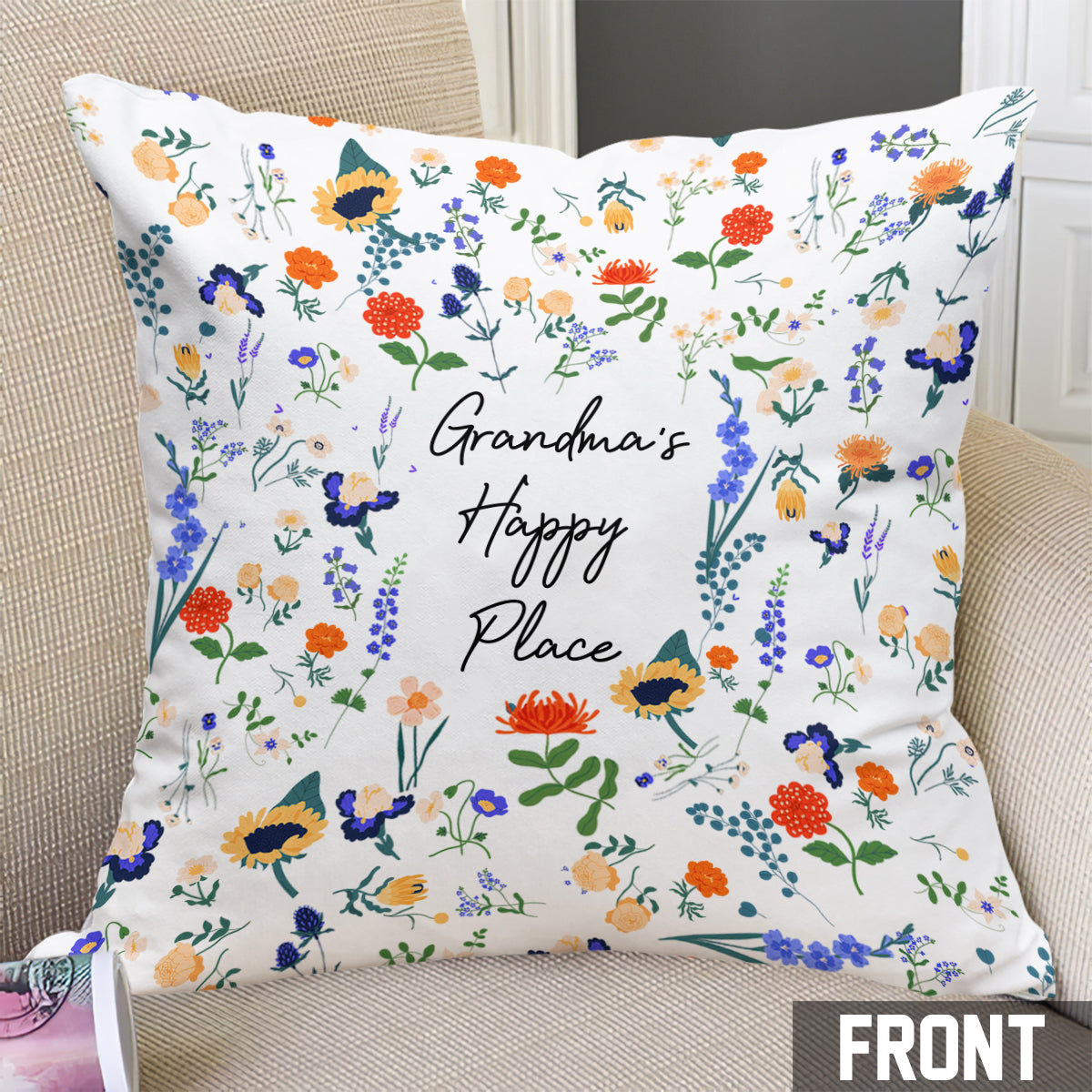 Coussin décoratif personnalisé « Happy Place » style floral botanique pour grand-mère (titre original : Any Title)