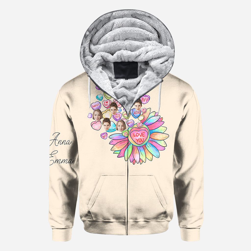 T-shirt personnalisé « Meilleure amie » avec cœur, bonbon et fleur, et visage