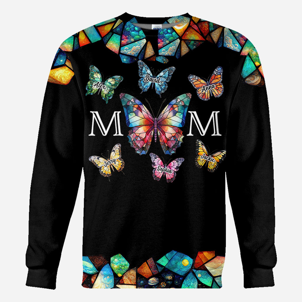 T-shirt personnalisé « Maman Papillon Motif Vitrail Coloré » - T-shirt intégral à motif papillon et papillon - Maman
