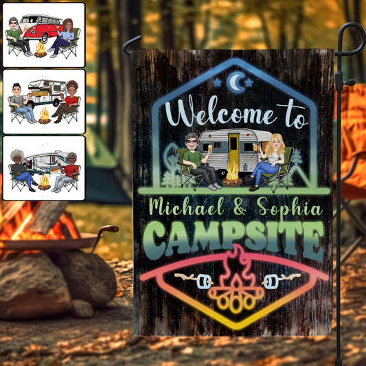 Bienvenue dans notre aventure ! Drapeau de jardin de camping personnalisé