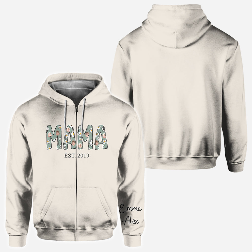 T-shirt personnalisé « Mama Est. Photo Face Daisy » - T-shirt intégral pour maman