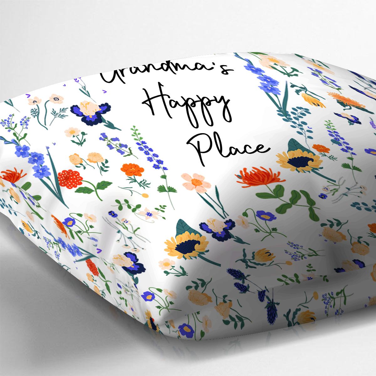 Coussin décoratif personnalisé « Happy Place » style floral botanique pour grand-mère (titre original : Any Title)