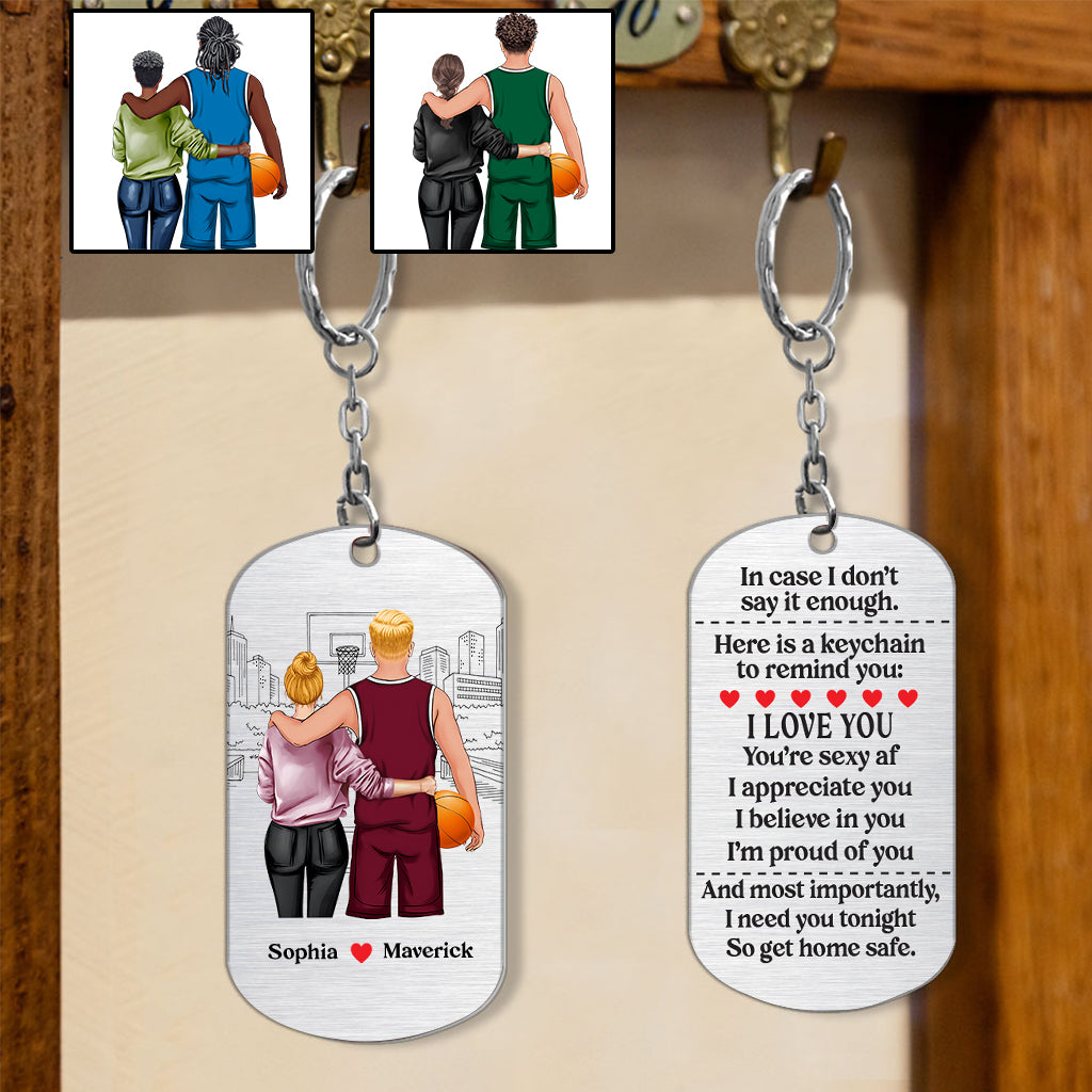 Rentrez chez vous en toute sécurité - Porte-clés personnalisé en acier inoxydable sur le thème du basketball