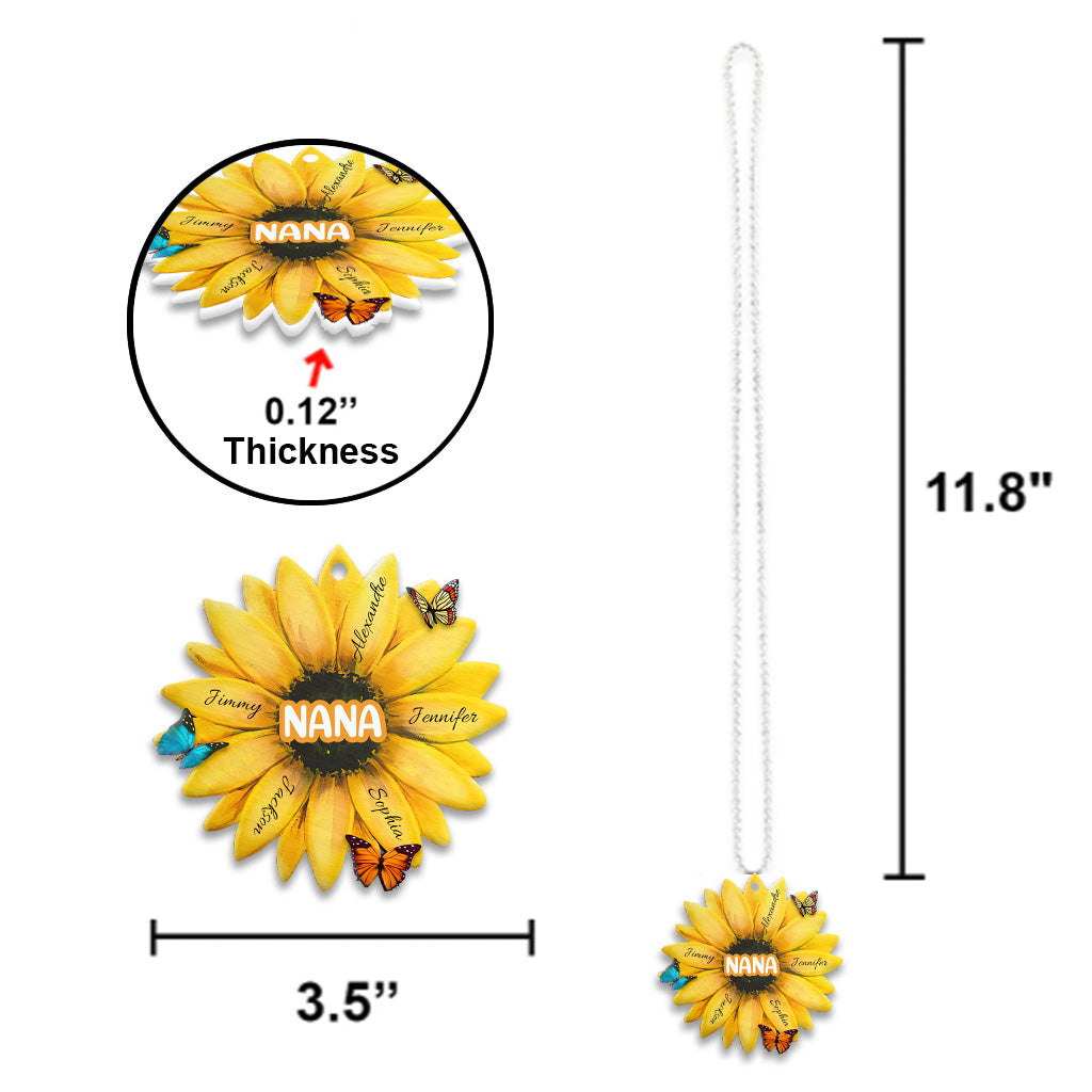 Tournesol personnalisé avec titre et prénom d'enfant - Ornement de voiture pour grand-mère