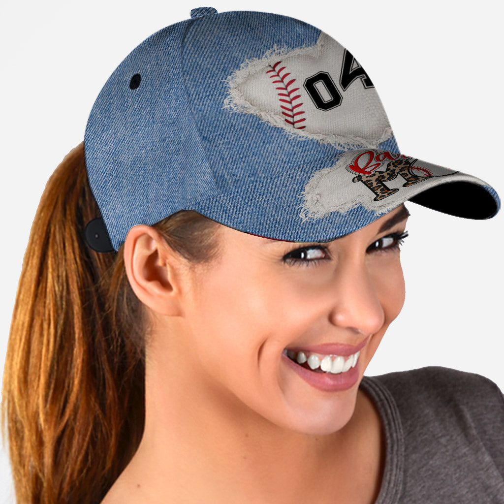 Casquette de baseball classique personnalisée avec numéro de maman de joueur de baseball et motif denim sur mesure - Casquette de baseball classique personnalisée