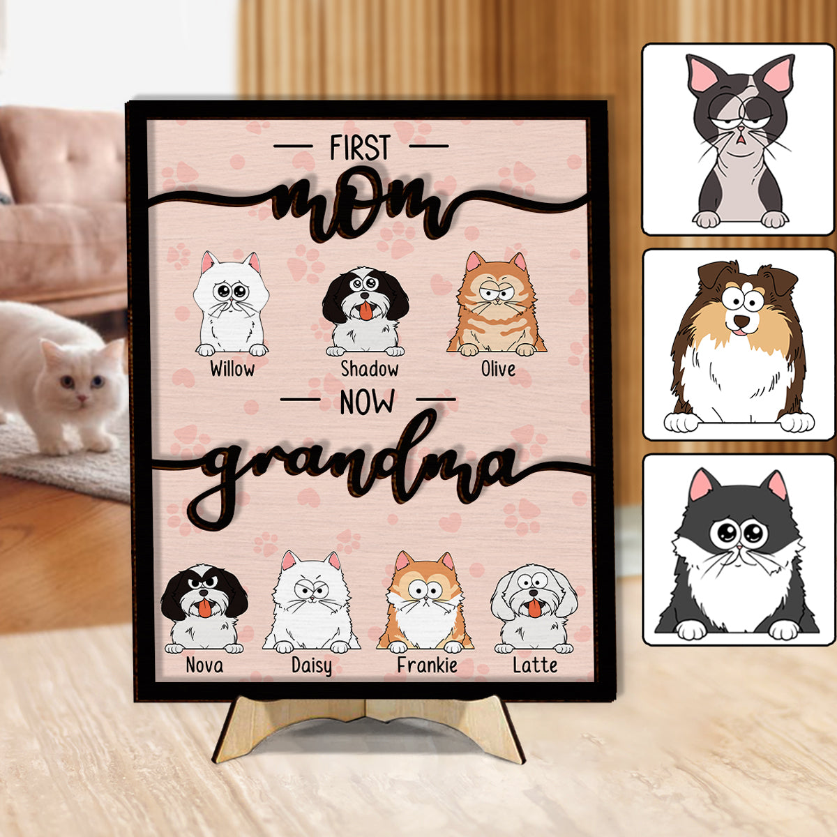 Première maman, maintenant grand-mère, amoureuse des chats et des chiens - Plaque en bois personnalisée à deux couches pour chiens